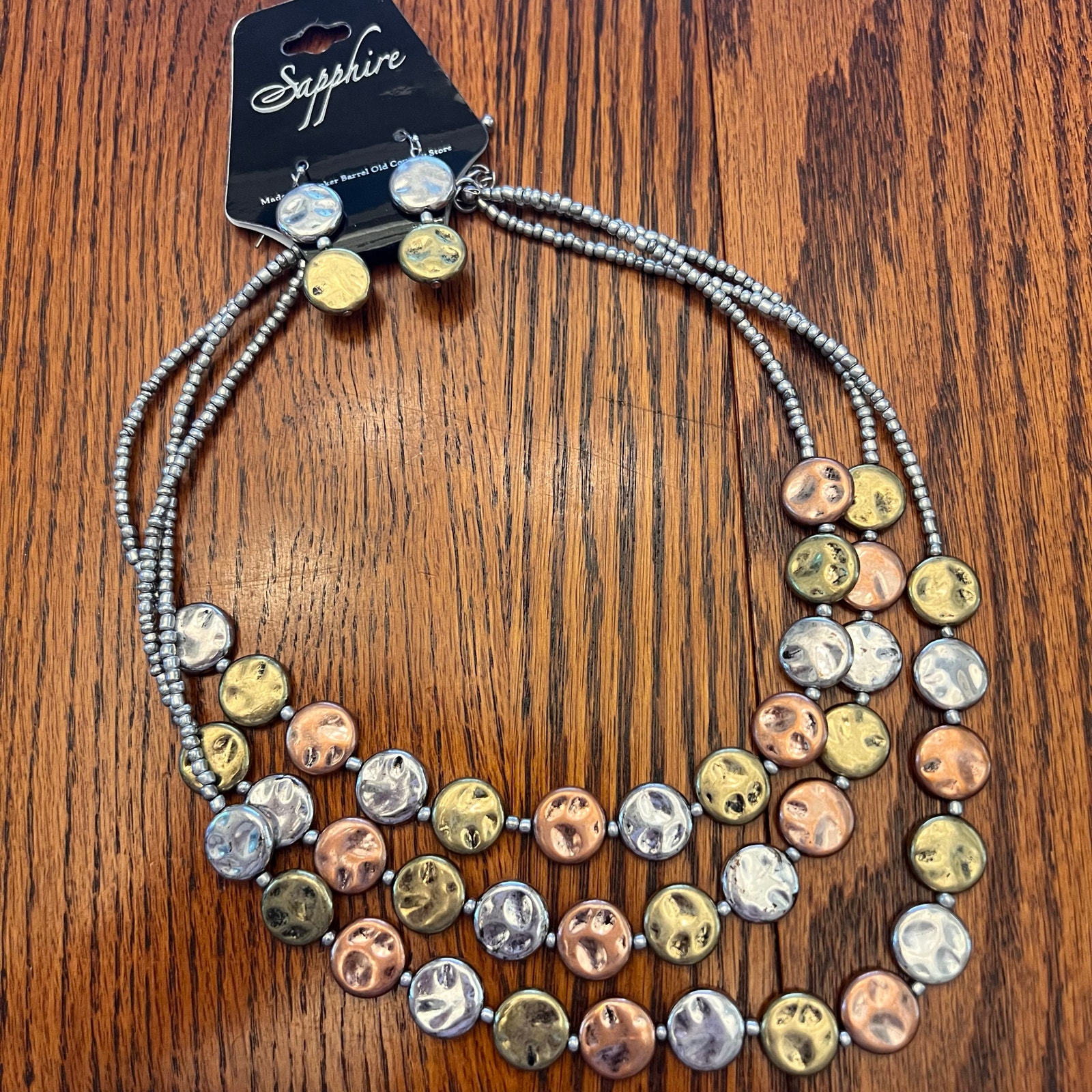 Sapphire Brand-Necklace & Earring Set-Tri-Color Discs Silver Multi-Chain 18